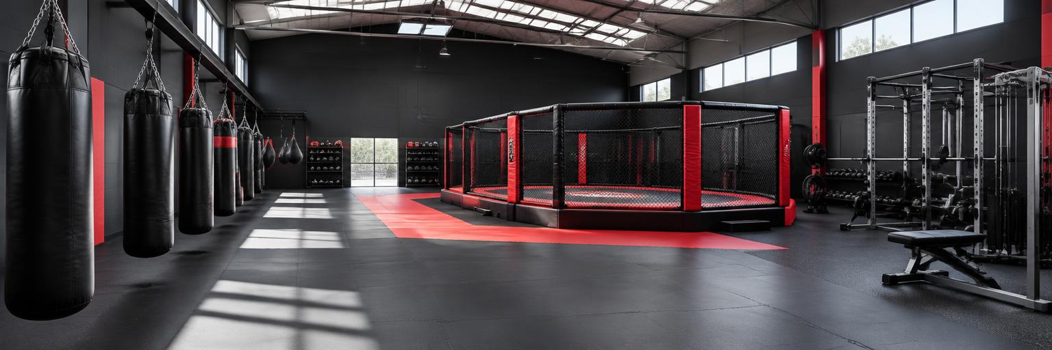 Espaço de treino com equipamentos e octógono de artes marciais